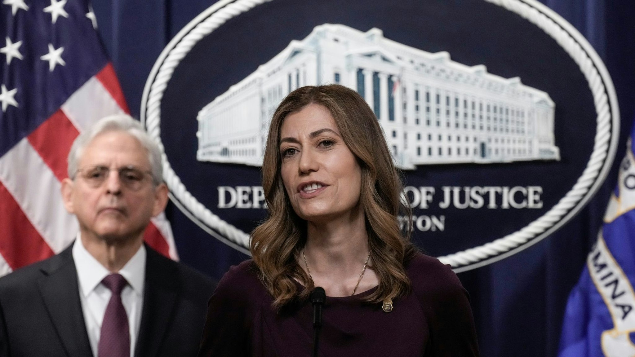 WASHINGTON, DC - APRIL 14: Administrator of the Drug Enforcement Administration (DEA) Anne Milgram (R) speaks as Attorney General Merrick Garland (L) looks on during a news conference at the U.S. Department of Justice headquarters April 14, 2023 in Washington, DC.