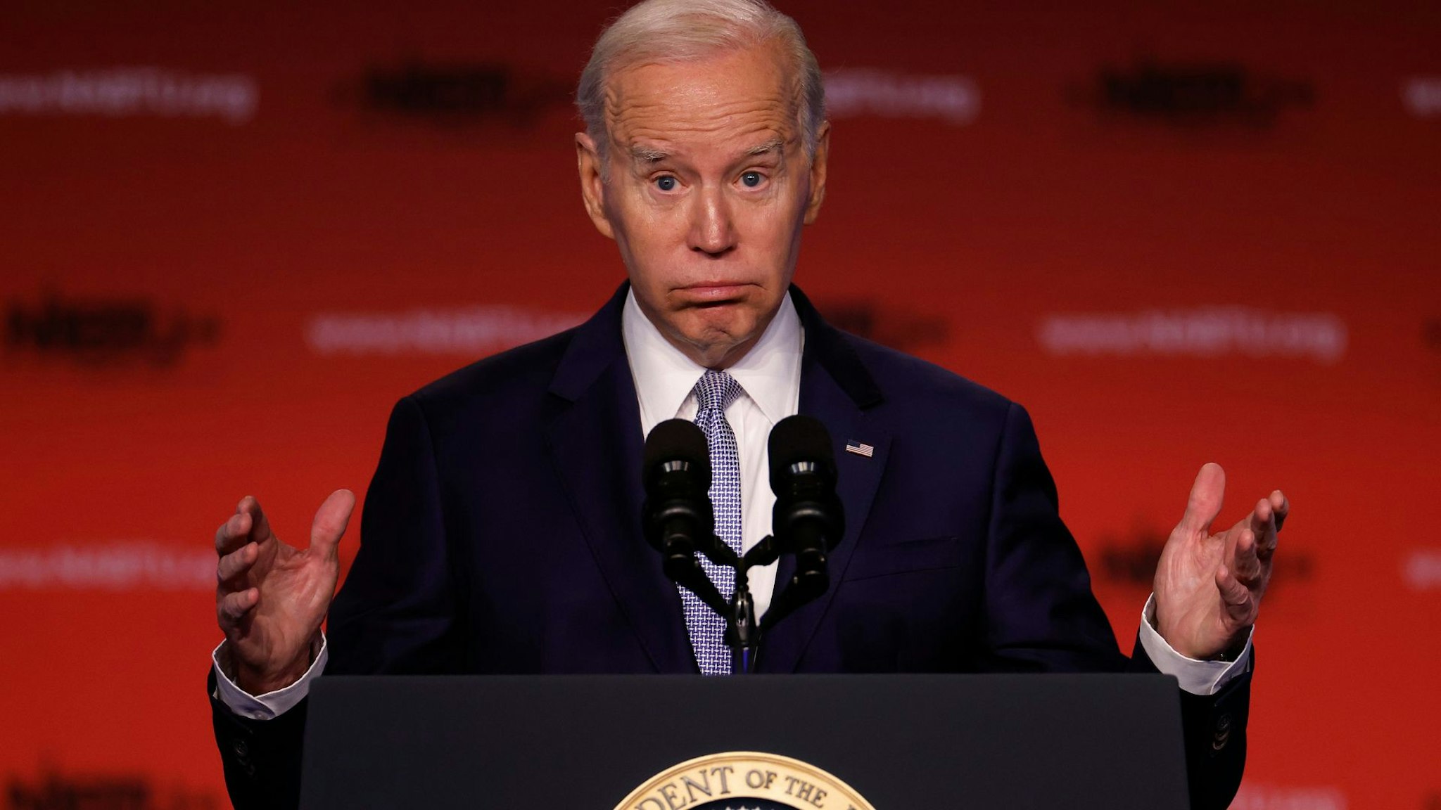 WASHINGTON, DC - APRIL 25: U.S. President Joe Biden addresses the North America's Building Trades Unions legislative conference at the Washington Hilton on April 25, 2023 in Washington, DC. Earlier in the day, Biden released a video where he officially announced his re-election campaign.