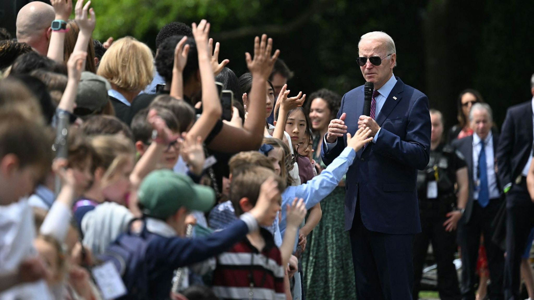 US President Joe Biden participates in a Take Your Child to Work Day welcome on the South Lawn of the White House, April 27, 2023, in Washington, DC.