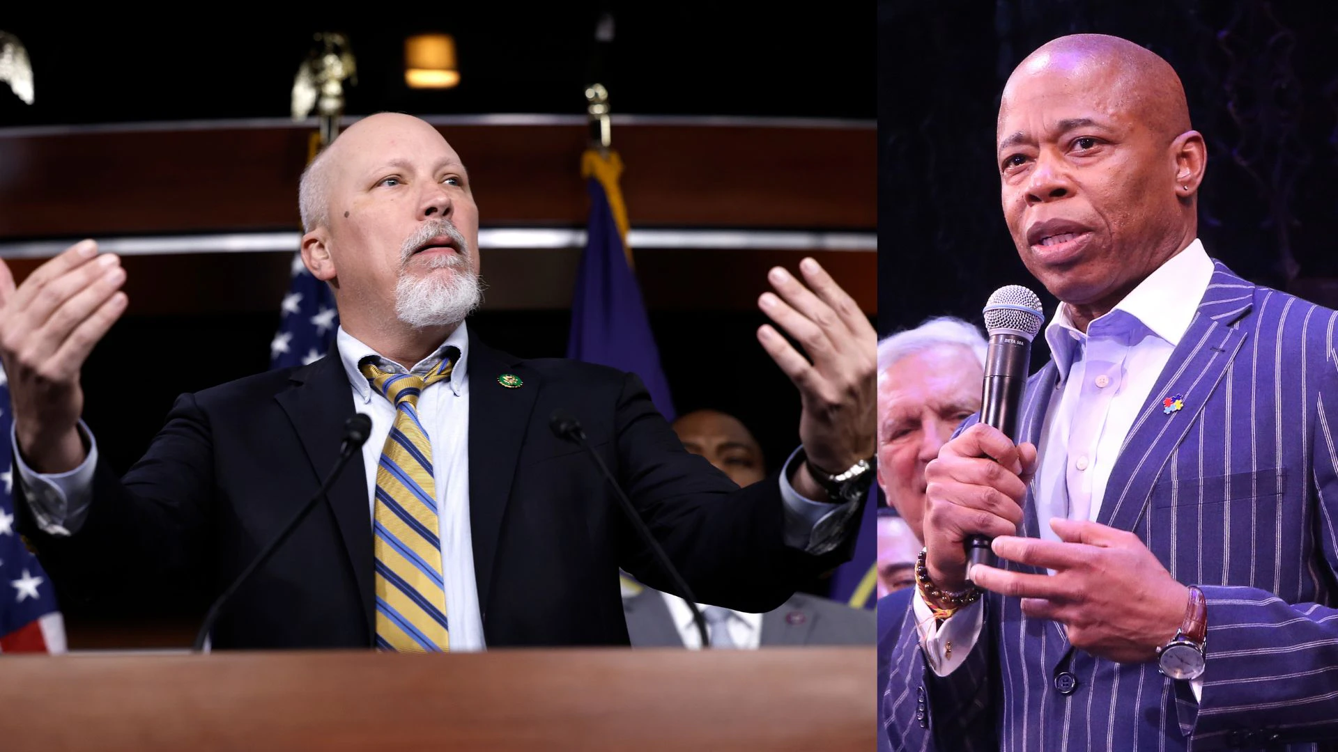 WASHINGTON, DC - MARCH 10: Rep. Chip Roy (R-TX) speaks during a news conference with the House Freedom Caucus on the debt limit negotiations at the U.S. Capitol Building on March 10, 2023 in Washington, DC. NEW YORK, NEW YORK - APRIL 26: NYC Mayor Eric Adams during the opening night curtain call for the new musical "New York, New York!" on Broadway at The St. James Theatre on April 26, 2023 in New York City.