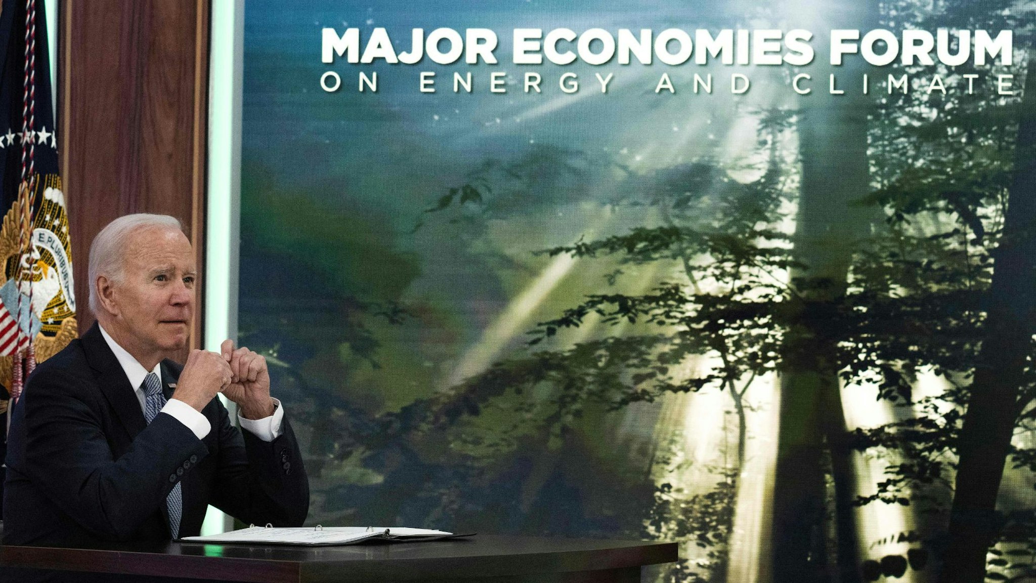 US President Joe Biden speaks during the fourth virtual leader-level meeting of the Major Economies Forum (MEF) on Energy and Climate in the South Court Auditorium next to the White House in Washington, DC, on April 20, 2023.