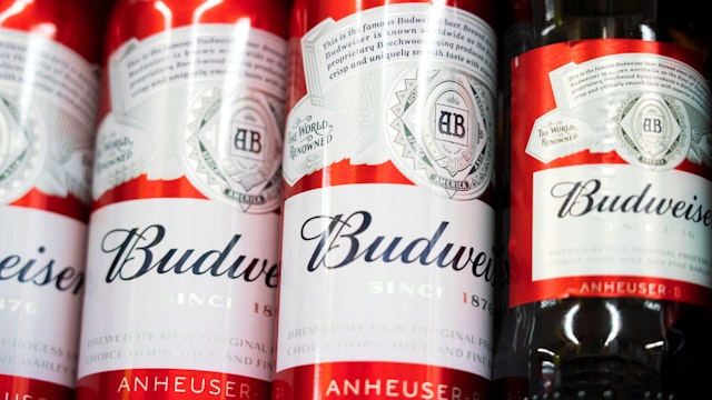 SHANGHAI, CHINA - 2019/07/27: Budweiser beer bottles displayed for sale in a Carrefour supermarket in Shanghai.