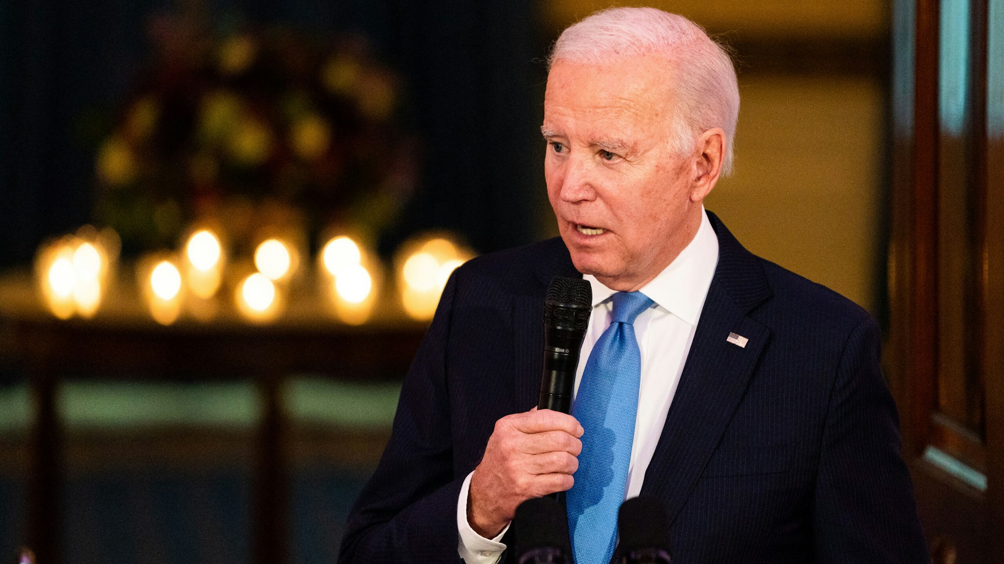 WASHINGTON, DC May 3, 2023: US President Joe Biden delivers remarks during a dinner for Combatant Commanders in the Cross Hall of the White House on Wednesday May 3, 2023.