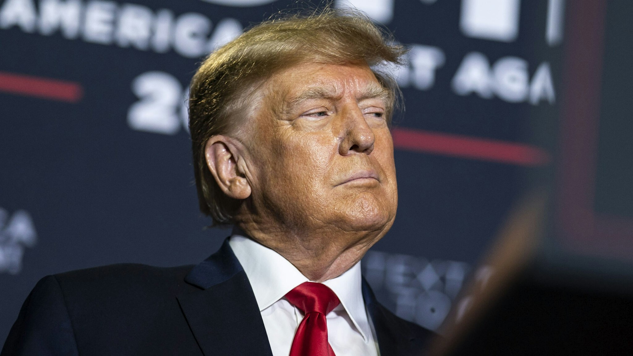 Manchester, NH - April 27 : Former President Donald Trump speaks at a campaign event at the DoubleTree Manchester Downtown on Thursday, April 27, 2023, in Manchester, NH.