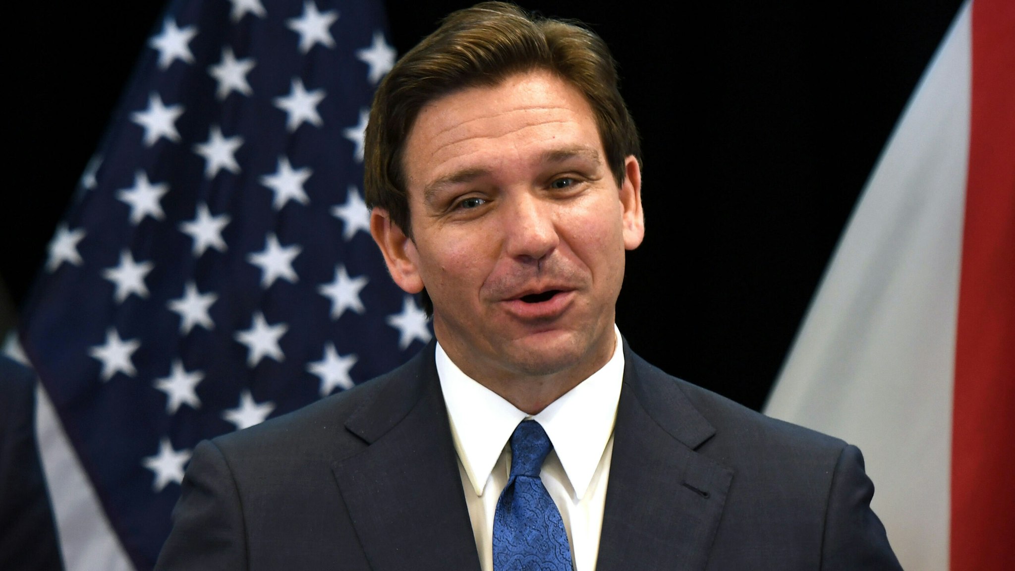 LAKE BUENA VISTA, FLORIDA, UNITED STATES - 2023/04/17: Florida Governor Ron DeSantis holds a press conference at the Reedy Creek Administration Building in Lake Buena Vista. DeSantis announced legislative action to nullify the agreement between the Reedy Creek Improvement District and Walt Disney World which was designed to permit Disney to retain control of its theme park and surrounding property.