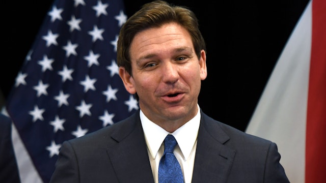 LAKE BUENA VISTA, FLORIDA, UNITED STATES - 2023/04/17: Florida Governor Ron DeSantis holds a press conference at the Reedy Creek Administration Building in Lake Buena Vista. DeSantis announced legislative action to nullify the agreement between the Reedy Creek Improvement District and Walt Disney World which was designed to permit Disney to retain control of its theme park and surrounding property.