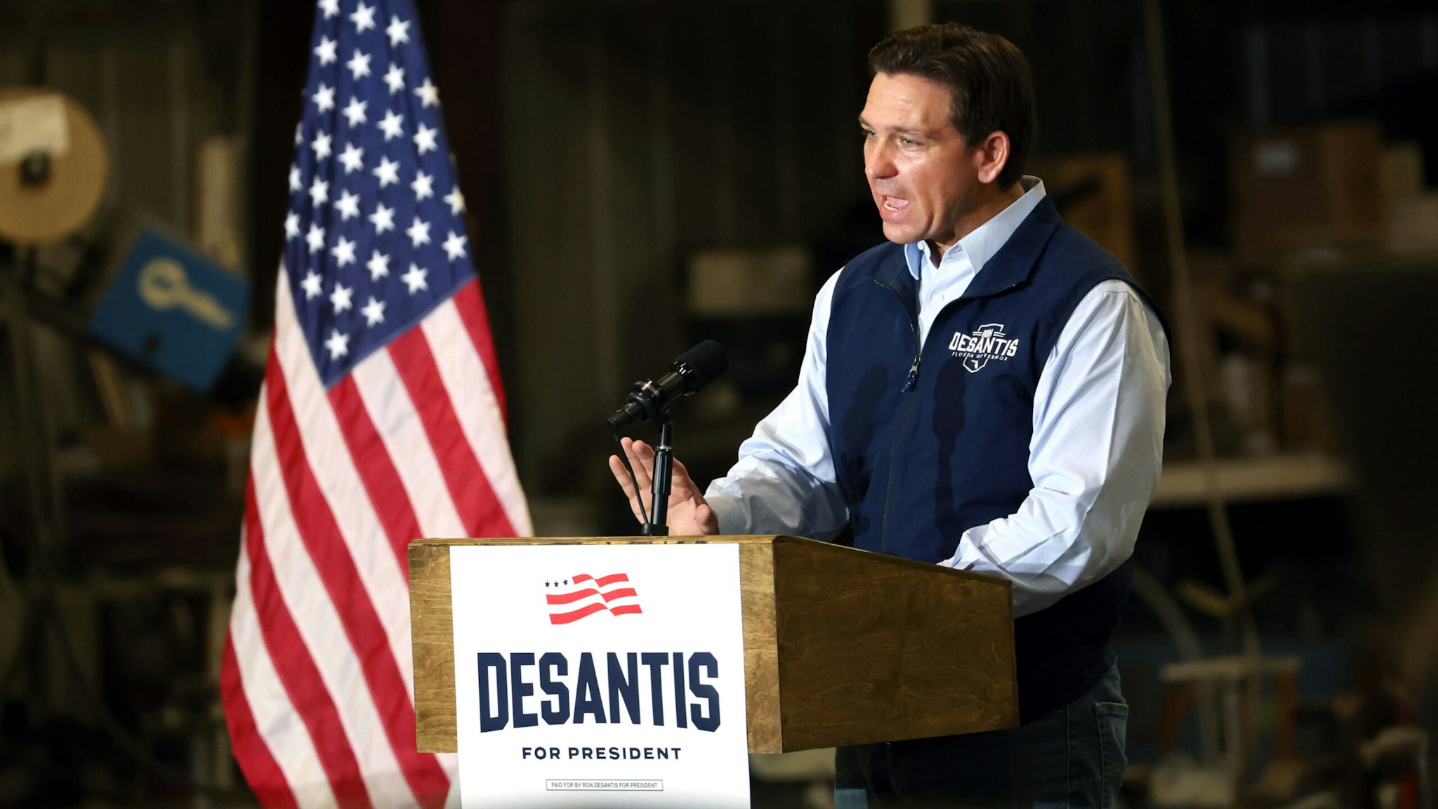 SALIX, IOWA - MAY 31: Republican presidential candidate Florida Governor Ron DeSantis speaks during a campaign rally at Port Neal Welding Company on May 31, 2023 in Salix, Iowa. The event is the second of five campaign events DeSantis has scheduled in the state over two days.