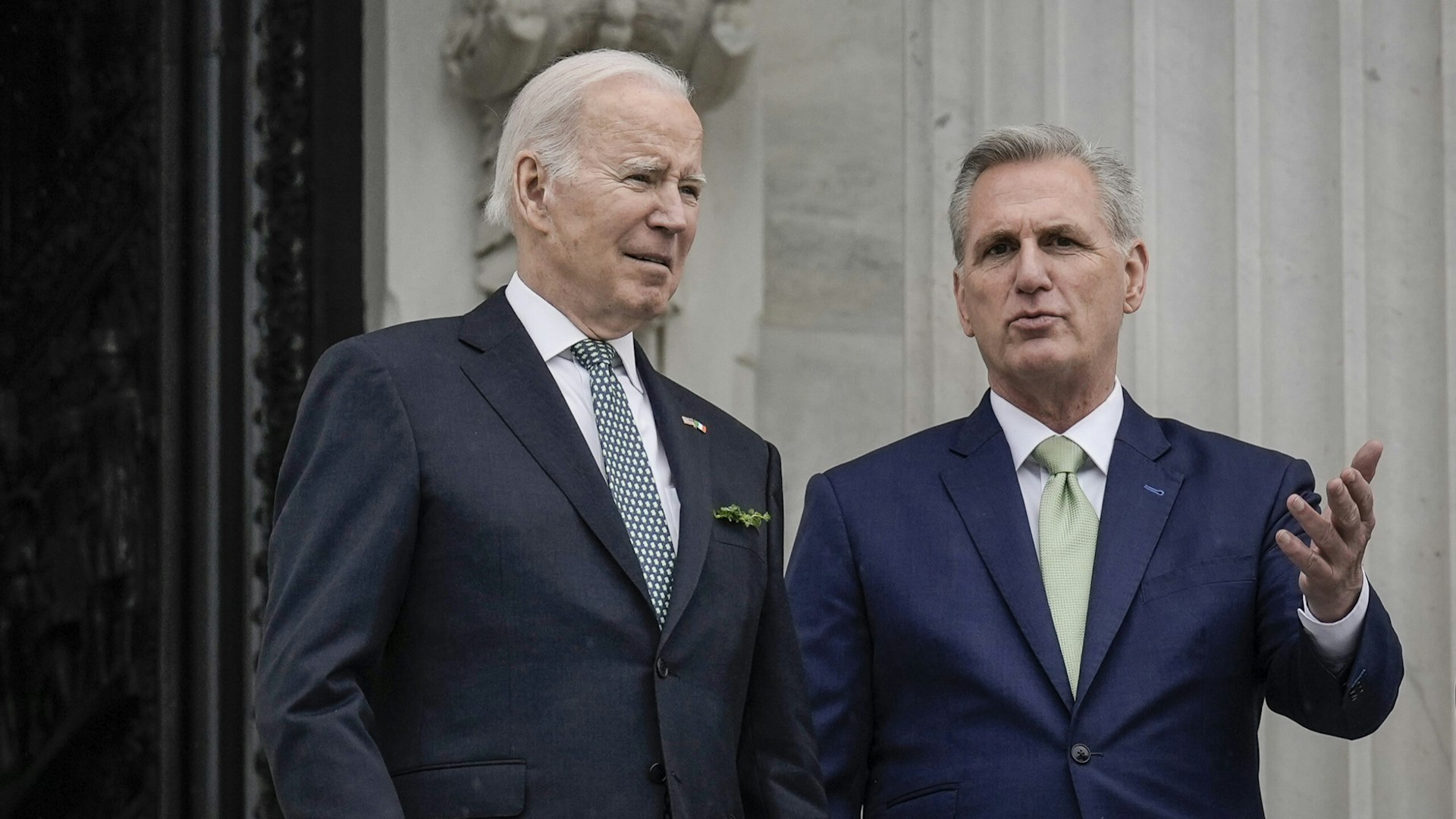 U.S. President Joe Biden and Speaker of the House Kevin McCarthy (R-CA) talk as they depart the U.S. Capitol following the Friends of Ireland Luncheon on Saint Patrick's Day March 17, 2023 in Washington, DC.