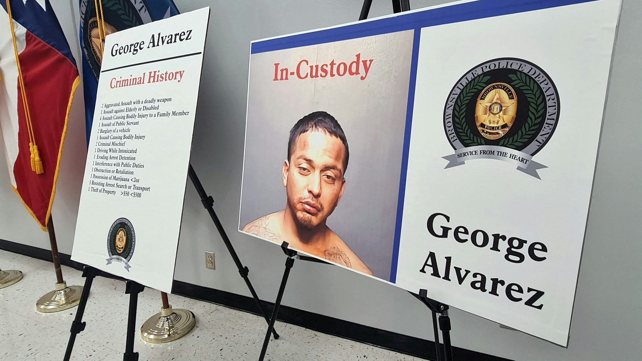 The picture of 34-year-old George Alvarez, the driver, that killed eight people and injured at least 10 when he plowed into the crowd early Sunday, is diplayed by the Brownsville Police Department at a news conference in Brownsville, Texas, on May 8, 2023. - At least eight people were killed and several others injured on May 7, 2023 when an SUV ran a red light and plowed into a group waiting at a bus stop outside a migrant aid center in the US state of Texas, police said. (Photo by Moisés ÁVILA / AFP) / "The erroneous mention[s] appearing in the metadata of this photo by Moisés ÁVILA has been modified in AFP systems in the following manner: [eight people] instead of [seven people]. Please immediately remove the erroneous mention[s] from all your online services and delete it (them) from your servers. If you have been authorized by AFP to distribute it (them) to third parties, please ensure that the same actions are carried out by them. Failure to promptly comply with these instructions will entail liability on your part for any continued or post notification usage.