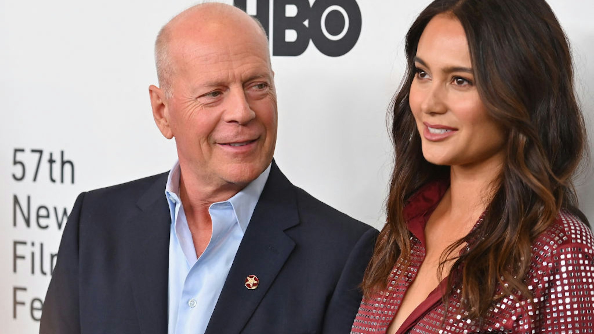 US actor Bruce Willis (L) and wife Emma Heming Willis attend the premiere of "Motherless Brooklyn" during the 57th New York Film Festival at Alice Tully Hall on October 11, 2019 in New York City. (Photo by Angela Weiss / AFP) (Photo by ANGELA WEISS/AFP via Getty Images)