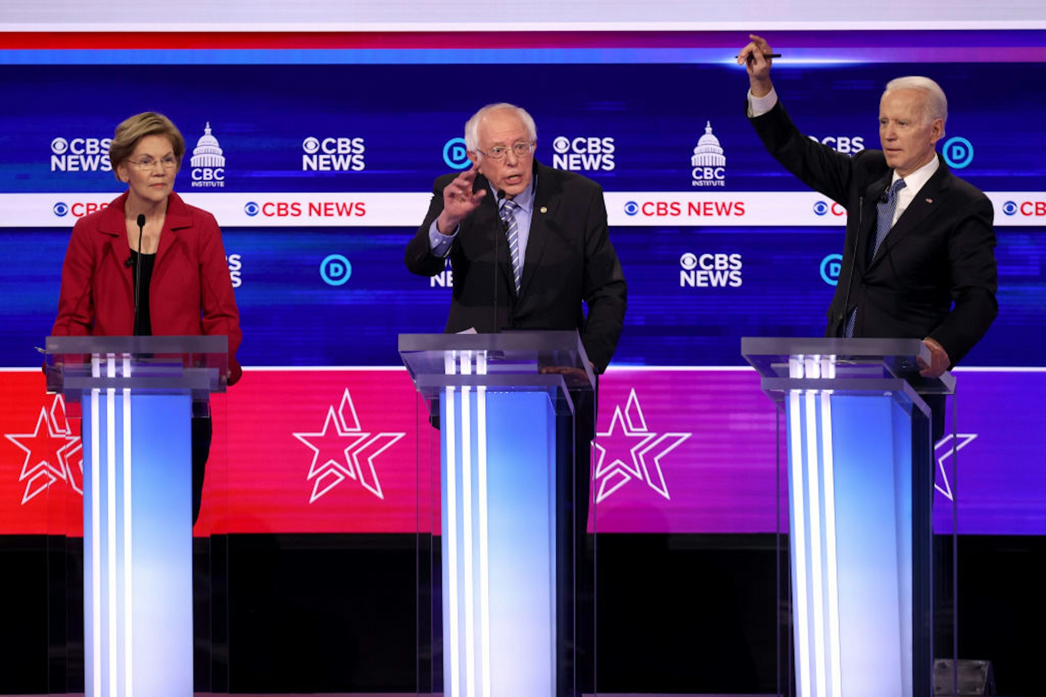 CHARLESTON, SOUTH CAROLINA - FEBRUARY 25: Democratic presidential candidates (L-R) Sen. Elizabeth Warren (D-MA), Sen. Bernie Sanders (I-VT) and former Vice President Joe Biden participate the Democratic presidential primary debate at the Charleston Gaillard Center on February 25, 2020 in Charleston, South Carolina. Seven candidates qualified for the debate, hosted by CBS News and Congressional Black Caucus Institute, ahead of South Carolina’s primary in four days. (Photo by