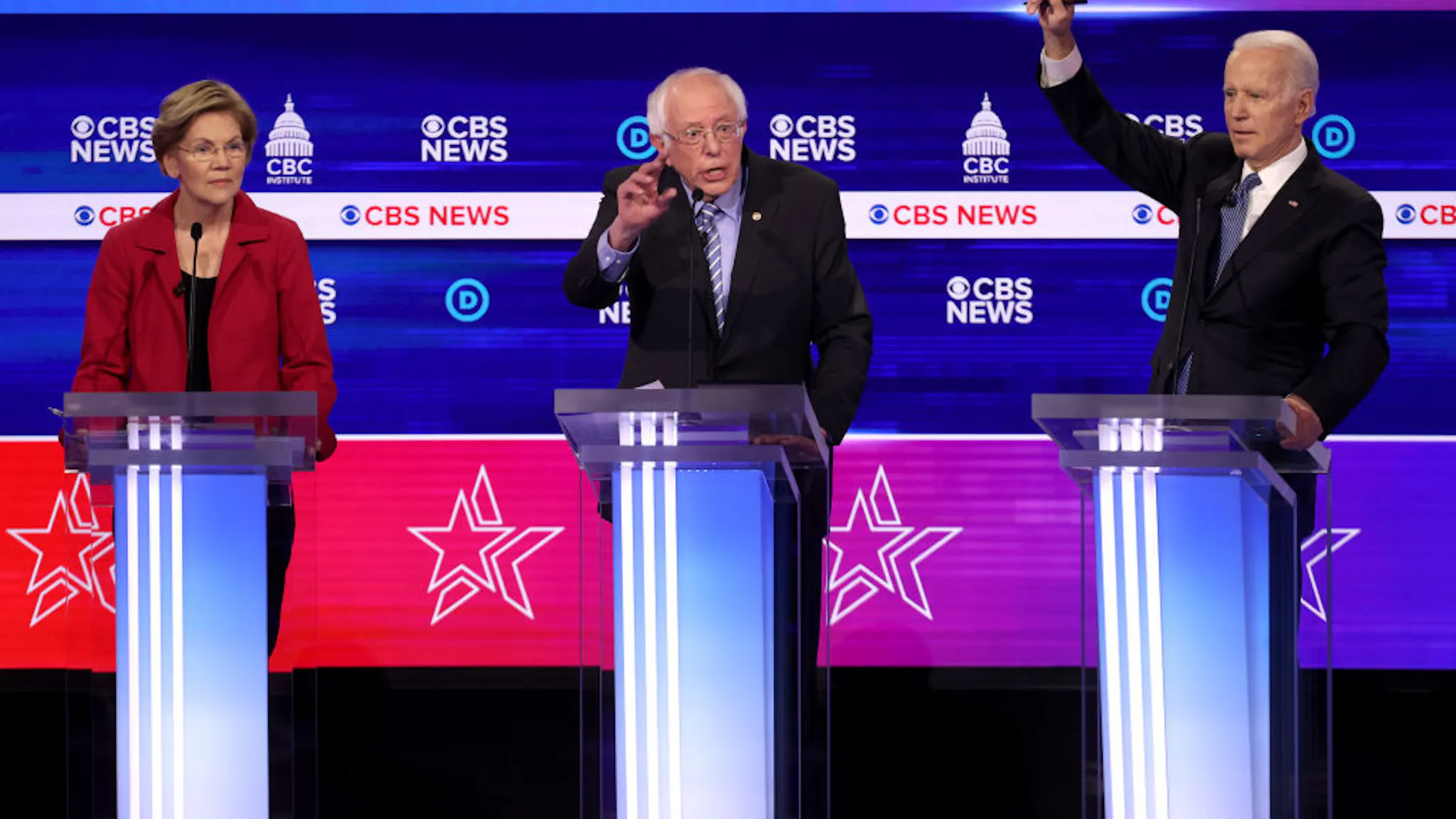 Democratic Presidential Candidates Debate In Charleston Ahead Of SC Primary CHARLESTON, SOUTH CAROLINA - FEBRUARY 25: Democratic presidential candidates (L-R) Sen. Elizabeth Warren (D-MA), Sen. Bernie Sanders (I-VT) and former Vice President Joe Biden participate the Democratic presidential primary debate at the Charleston Gaillard Center on February 25, 2020 in Charleston, South Carolina. Seven candidates qualified for the debate, hosted by CBS News and Congressional Black Caucus Institute, ahead of South Carolina’s primary in four days. (Photo by