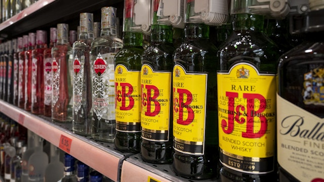 Bottles of Scotch Whisky brand, J&amp;B, rare blend label seen for sale at a supermarket in Spain.