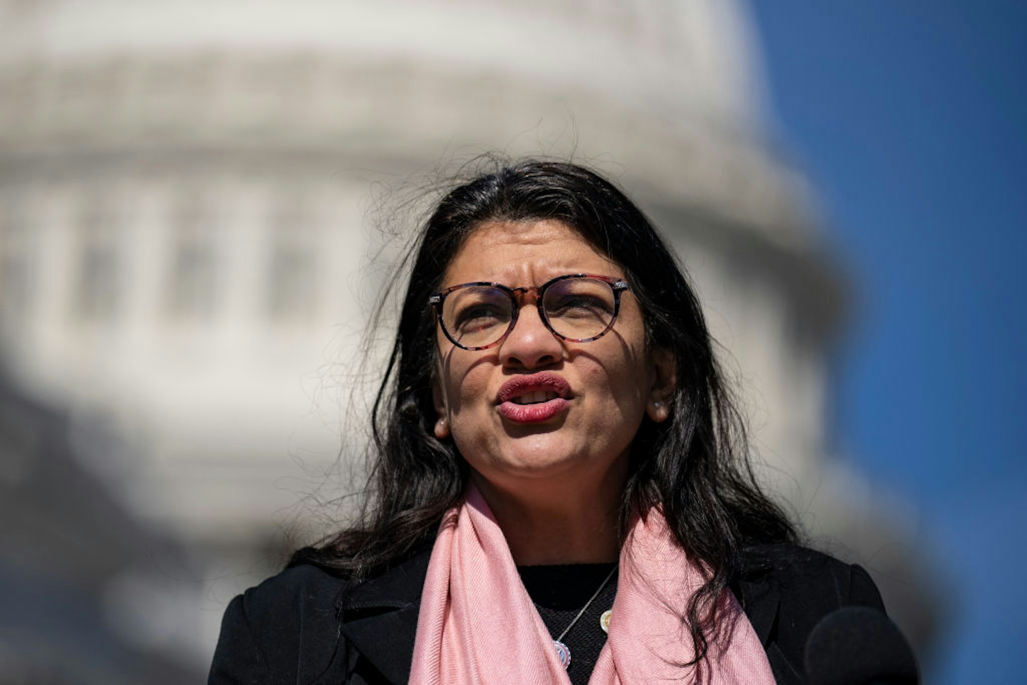 WASHINGTON, DC - MARCH 9: Rep. Rashida Tlaib (D-MI) speaks during a news conference about the Justice For All Act outside the U.S. Capitol March 9, 2023 in Washington, DC. The bill, introduced by Rep. Tlaib, aims to strengthen anti-discrimination laws. (Photo by Drew Angerer/Getty Images)