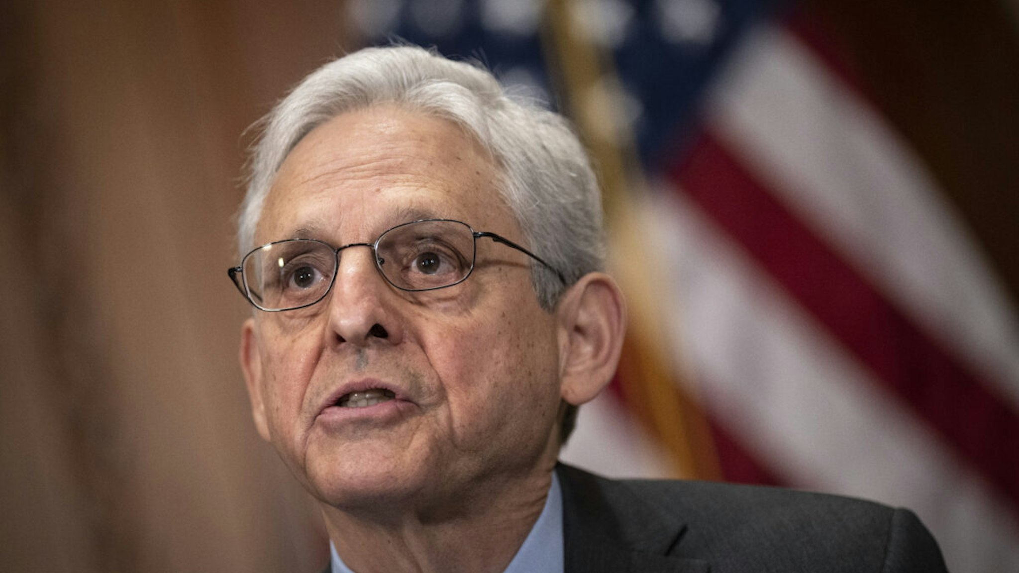 U.S. Attorney General Merrick Garland speaks during a meeting with Ukrainian Prosecutor General Andriy Kostin at the U.S. Department of Justice headquarters April 17, 2023 in Washington, DC.