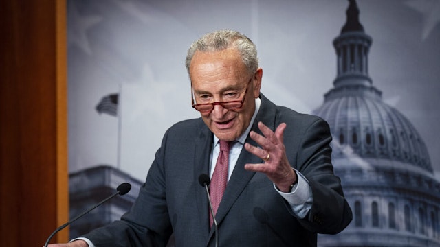 Senate Majority Leader Chuck Schumer, a Democrat from New York, speaks during a news conference in Washington, DC, US, on Monday, April 17, 2023.