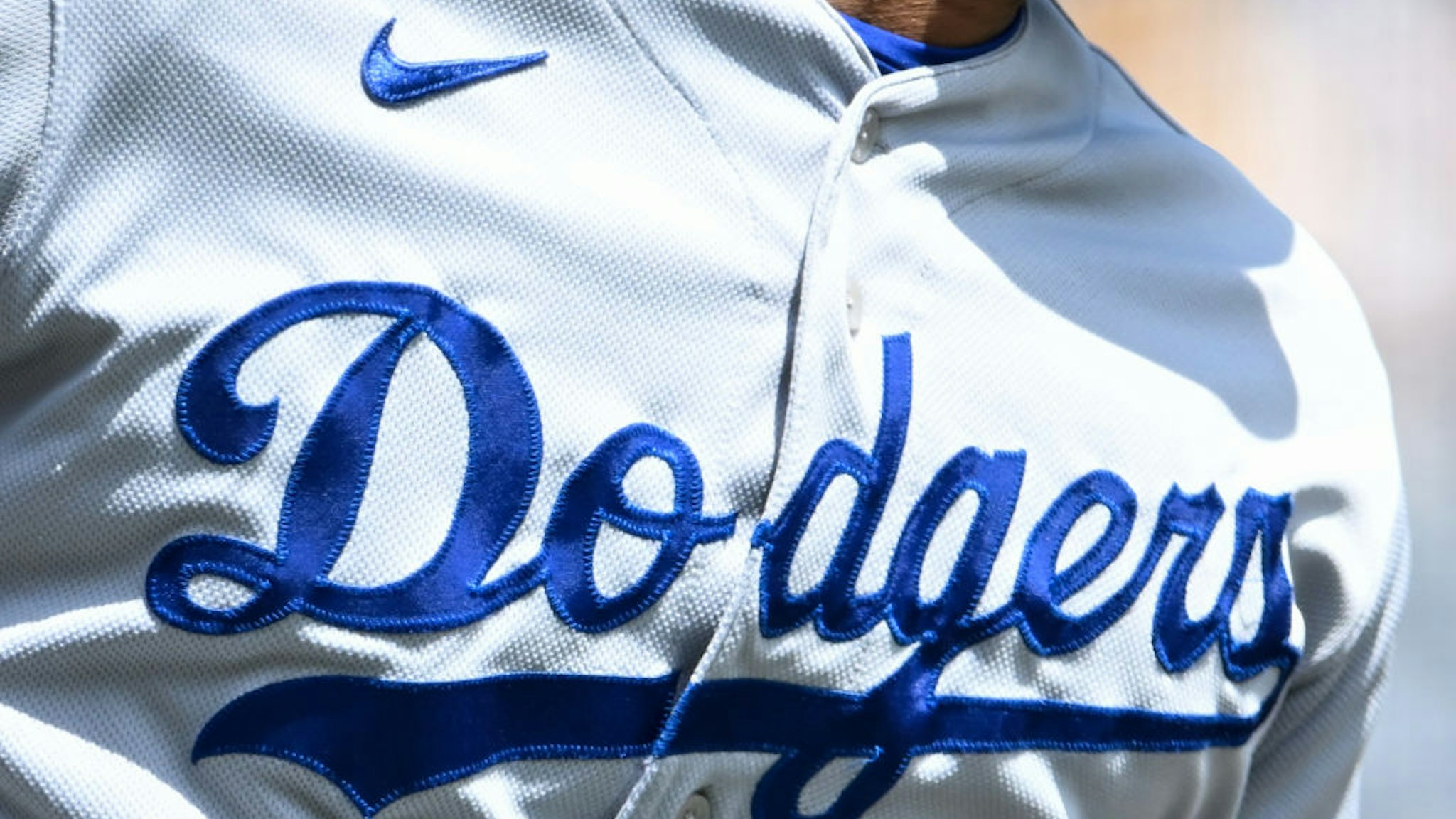 PITTSBURGH, PENNSYLVANIA - APRIL 27, 2023: A closeup view of the Los Angeles Dodgers logo on the jersey worn by Jason Heyward during the first inning against the Pittsburgh Pirates at PNC Park on April 27, 2023 in Pittsburgh, Pennsylvania. (Photo by Nick Cammett/Diamond Images via Getty Images)