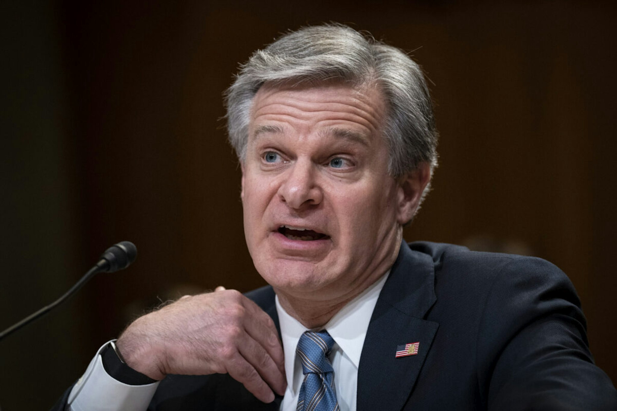FBI Director Christopher Wray testifies during a Senate Appropriations Subcommittee on Commerce, Justice, Science, and Related Agencies hearing on Capitol Hill May 10, 2023 in Washington, DC.