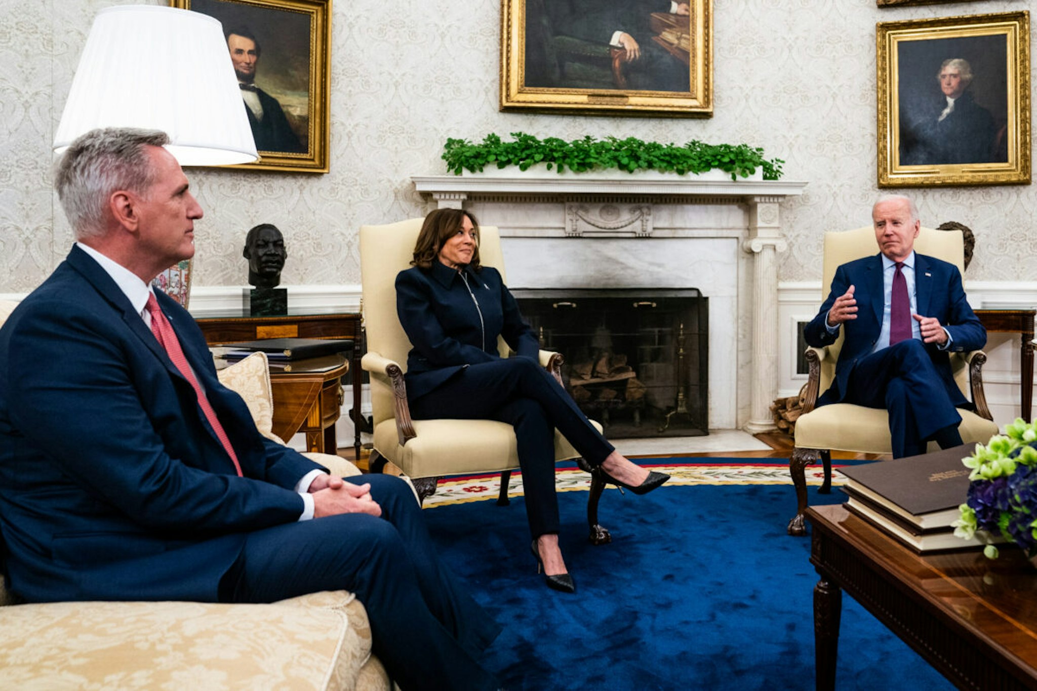 US President Joe Biden and Vice President Kamala Harris meet with House Speaker Kevin McCarthy in the Oval Office of the White House on Tuesday, May 16, 2023.