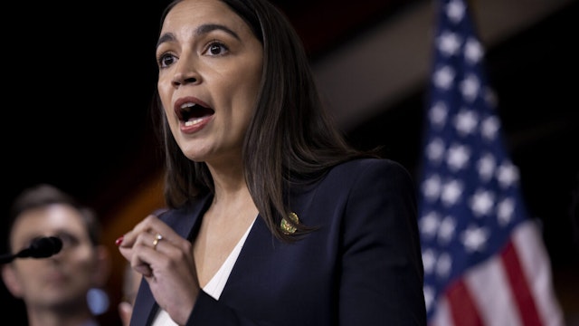 WASHINGTON DC, UNITED STATES - MAY 24: Congresswoman Alexandria Ocasio-Cortez (D-NY) speaks at a press conference on the upcoming debt limit and negotiations to reach a deal on May 24th, 2023 in Washington, DC.