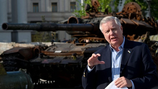US Senator Lindsey Graham speaks during a press conference at an open air exhibition of destroyed Russian military vehicles in Kyiv, on May 26, 2023.