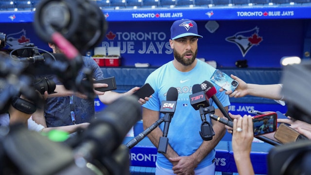 Anthony Bass #52 of the Toronto Blue Jays makes a statement to the media before playing the Milwaukee Brewers in their MLB game at the Rogers Centre on May 30, 2023 in Toronto, Ontario, Canada.