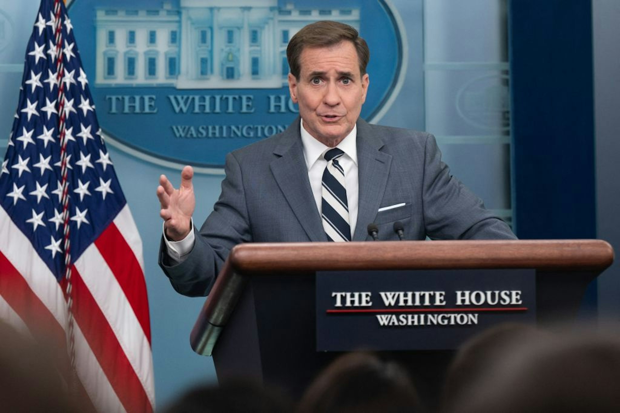 US National Security Council Coordinator for Strategic Communications John Kirby speaks during the daily briefing in the Brady Briefing Room of the White House in Washington, DC, on May 31, 2023. (Photo by SAUL LOEB / AFP) (Photo by SAUL LOEB/AFP via Getty Images)