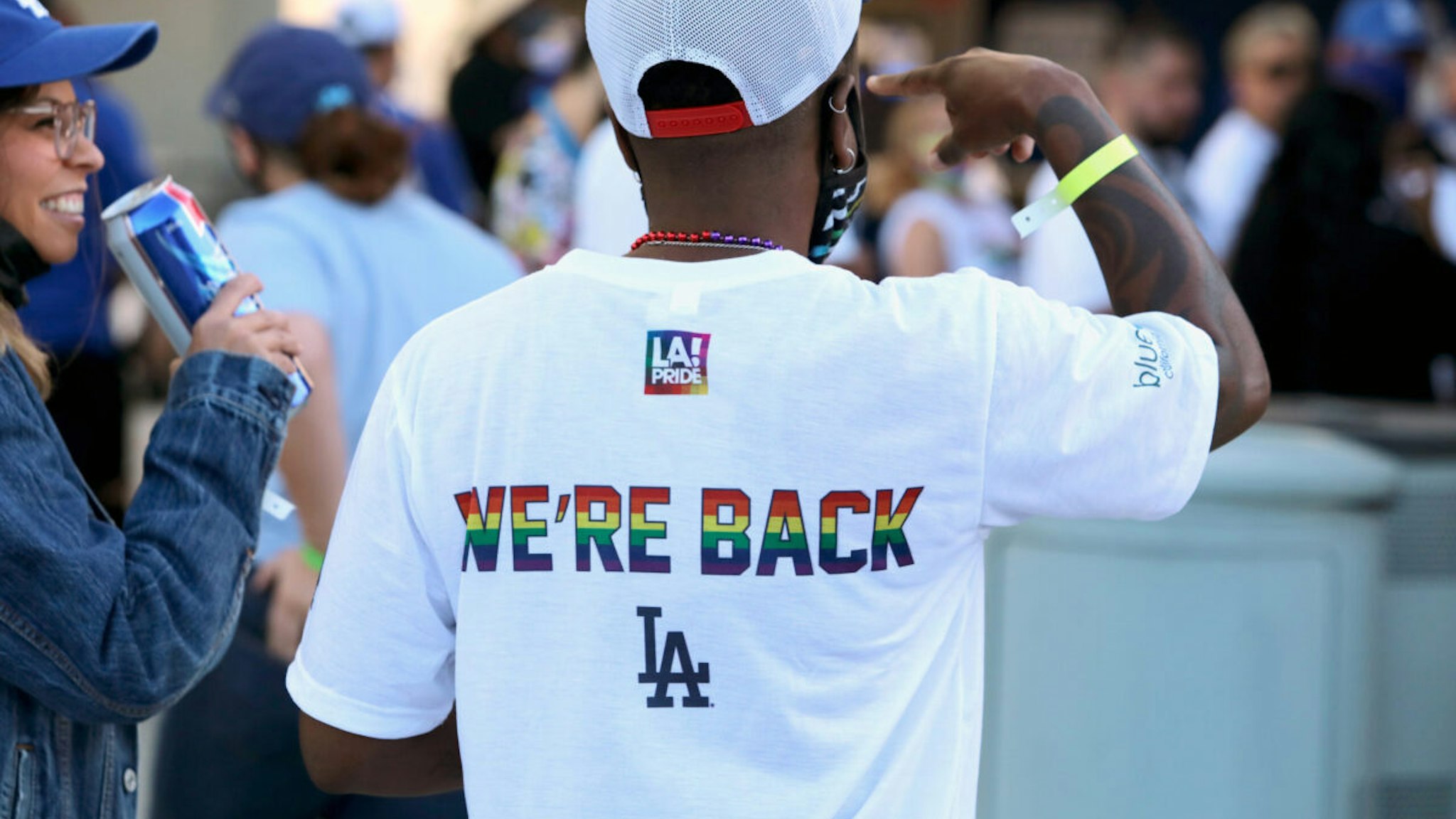 General view as Dodgers fans celebrate LGBTQ+ Pride Night hosted by LA Pride and the Dodgers at Dodger Stadium on June 11, 2021 in Los Angeles, California