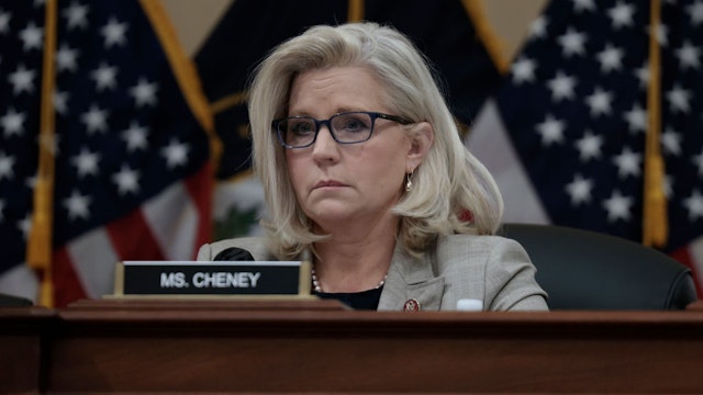 WASHINGTON, DC - DECEMBER 13: Rep. Liz Cheney (R-WY), vice-chair of the select committee investigating the January 6 attack on the Capitol, speaks during a business meeting on Capitol Hill on Capitol Hill on December 13, 2021 in Washington, DC. The committee met to consider voting on holding former White House chief of staff Mark Meadows in contempt of Congress.