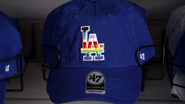 A Los Angeles Dodgers hat on LGBTQ+ Pride Night at Dodger Stadium on June 03, 2022 in Los Angeles, California.