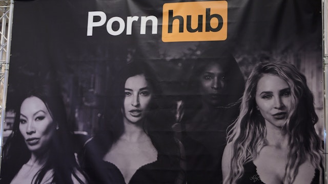 LAS VEGAS, NEVADA - JANUARY 06: A sign hangs at the Pornhub booth at the 2023 AVN Adult Entertainment Expo at Resorts World Las Vegas on January 06, 2023 in Las Vegas, Nevada.