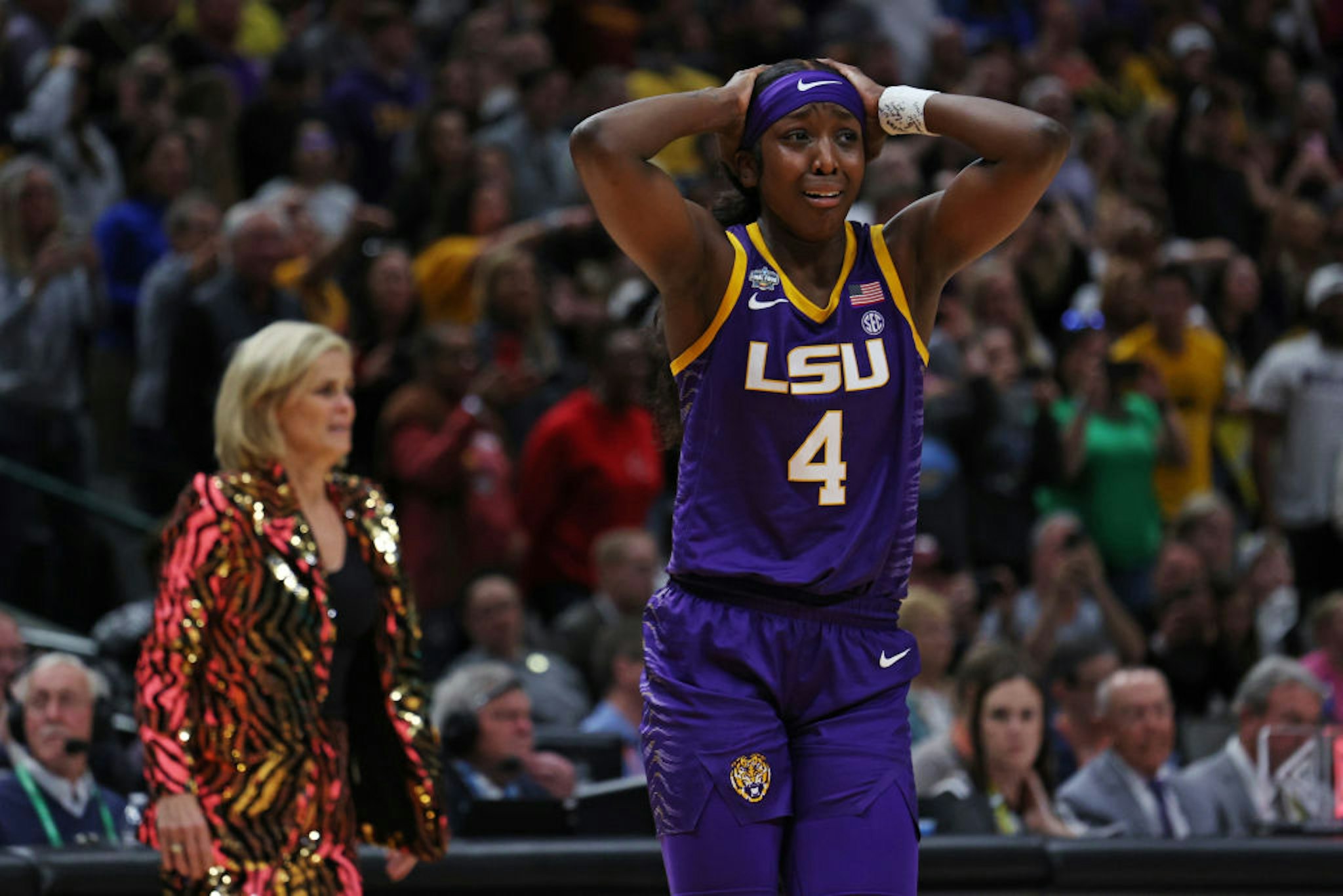 DALLAS, TEXAS - APRIL 02: Flau'jae Johnson #4 of the LSU Lady Tigers reacts during the fourth quarter against the Iowa Hawkeyes during the 2023 NCAA Women's Basketball Tournament championship game at American Airlines Center on April 02, 2023 in Dallas, Texas. (Photo by Tom Pennington/Getty Images)