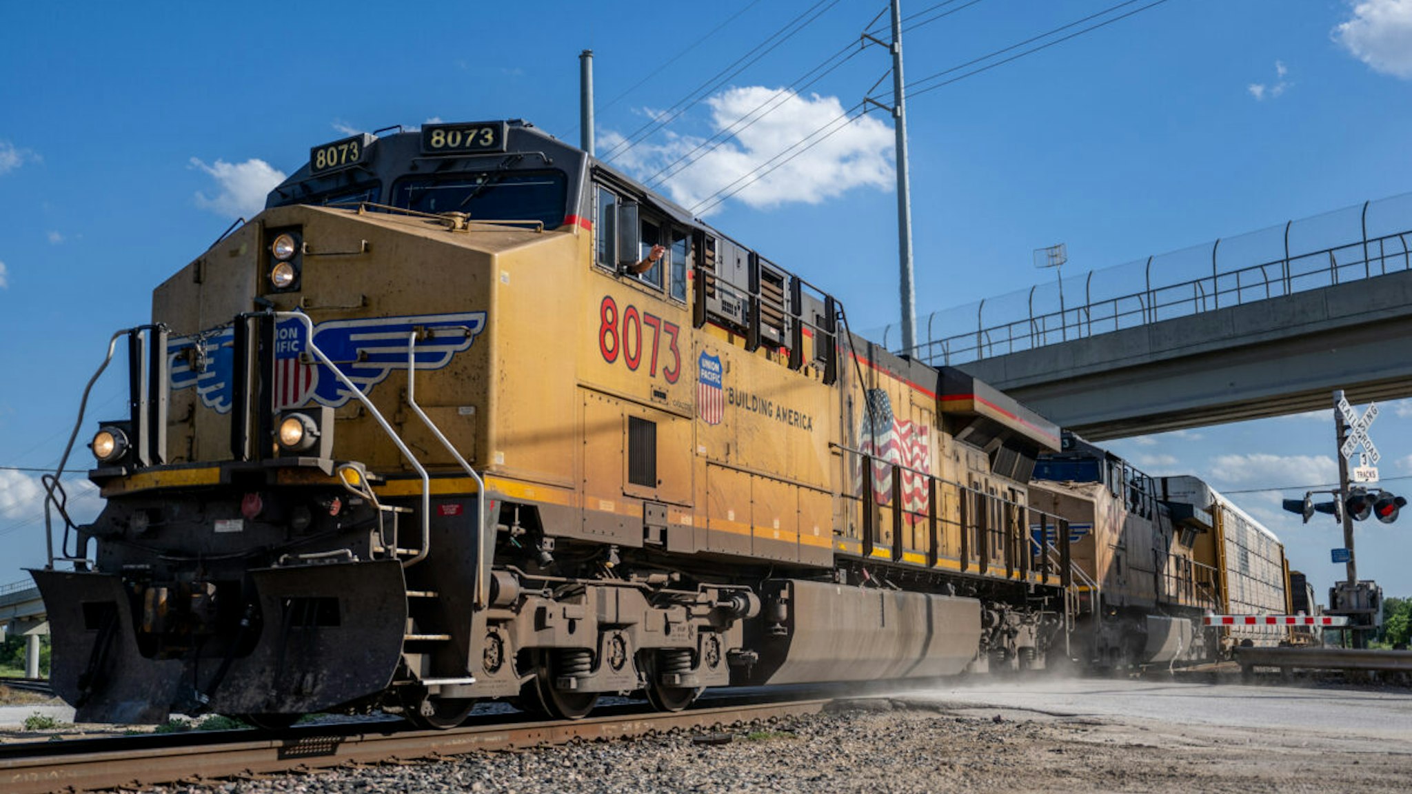 A Union Pacific freight train is seen traveling on April 21, 2023 in Round Rock, Texas. Union Pacific Railroad reported low quarterly earnings, signaling an economic slowdown.