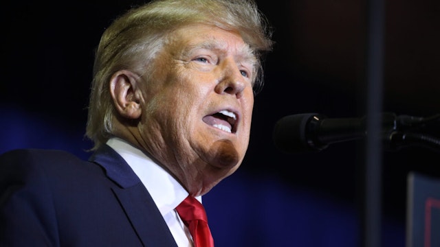 Former President Donald Trump speaks at a campaign rally on April 27, 2023 in Manchester, New Hampshire. Trump, who is currently dealing with a growing number of legal cases against him, is the Republican frontrunner for the Republican presidential ticket.