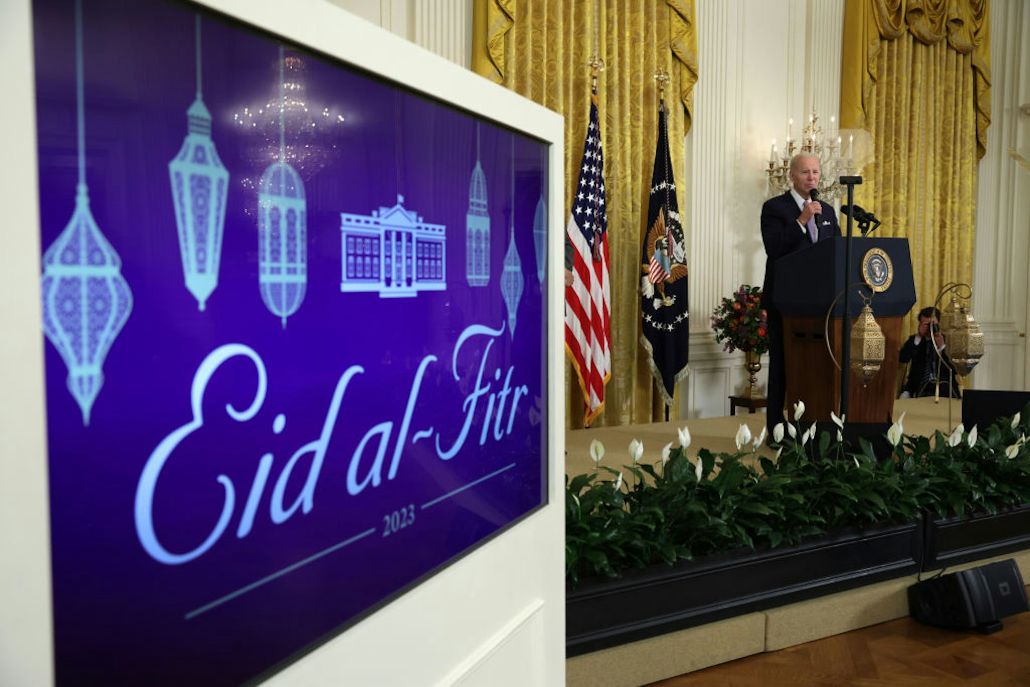 WASHINGTON, DC - MAY 01: U.S. President Joe Biden speaks during a reception celebrating Eid-al-Fitr in the East Room of the White House on May 1, 2023 in Washington, DC. The White House hosted the event to mark Eid al-Fitr, which is celebrated by Muslims worldwide for the end of the month-long Ramadan. (Photo by Alex Wong/Getty Images)