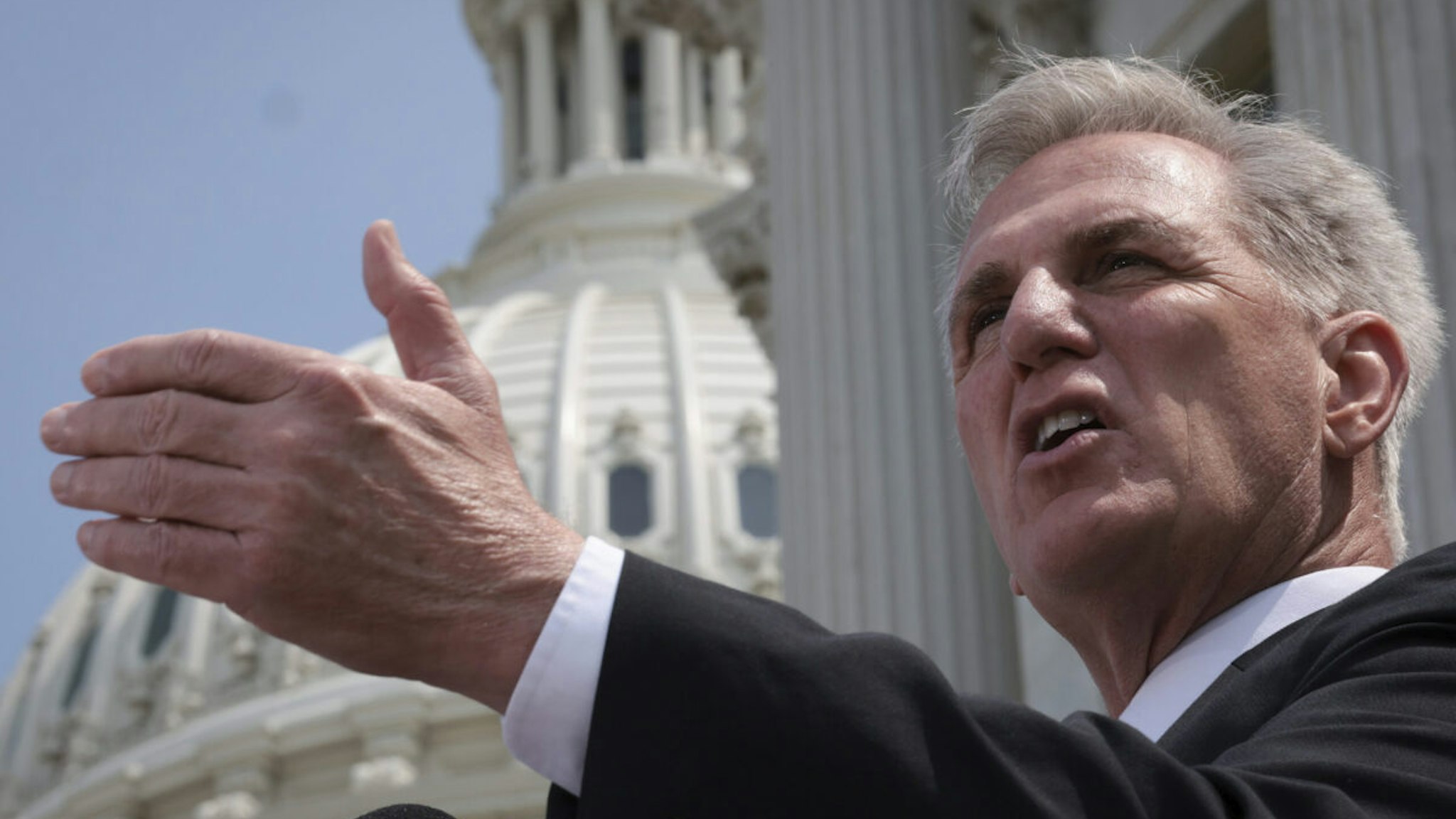 U.S. Speaker of the House Kevin McCarthy (R-CA) speaks during a press conference outside the U.S. Capitol on May 17, 2023 in Washington, DC.