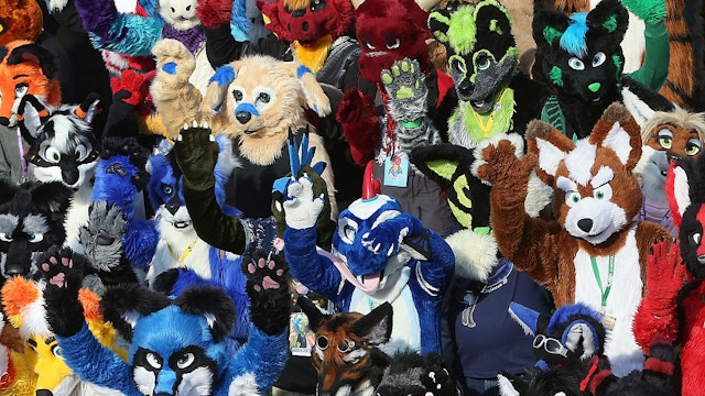 BERLIN, GERMANY - AUGUST 21: Furry enthusiasts gather at the Eurofurence 2015 conference on August 21, 2015 in Berlin, Germany. Furry fandom, a term used in zines as early as 1983 and also known as furrydom, furridom, fur fandom or furdom, refers to a subculture whose followers express an interest in anthropomorphic, or half-human, half-animal, creatures in literature, cartoons, pop culture, or other artistic contexts. Many but not all of the followers of the movement wear furry animal costumes. The earliest citation of anthropomorphic literature regularly cited by furry fans is Aesop's Fables, dating to around 500 BC. (Photo by Adam Berry/Getty Images)