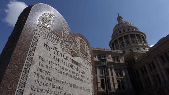 A six-foot high tablet of the Ten Commandments, which is located on the grounds of the Texas Capitol Building in Austin, Texas, is seen on February 28, 2005.