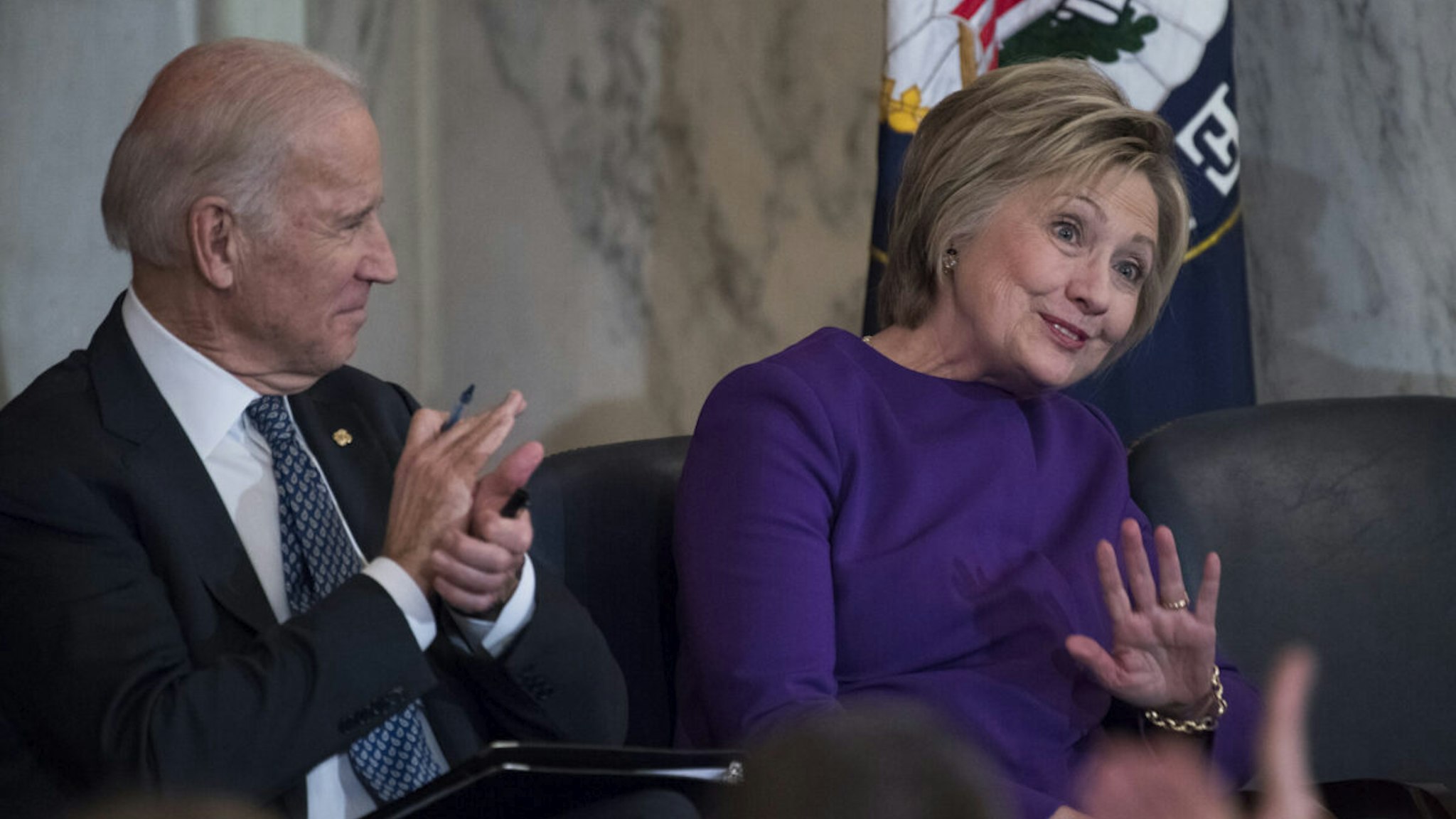 Vice President Joe Biden and former Secretary of State Hillary Clinton attend a portrait unveiling ceremony for retiring Senate Minority Leader Harry Reid, D-Nev., in Russell Building's Kennedy Caucus Room, December 08, 2016.