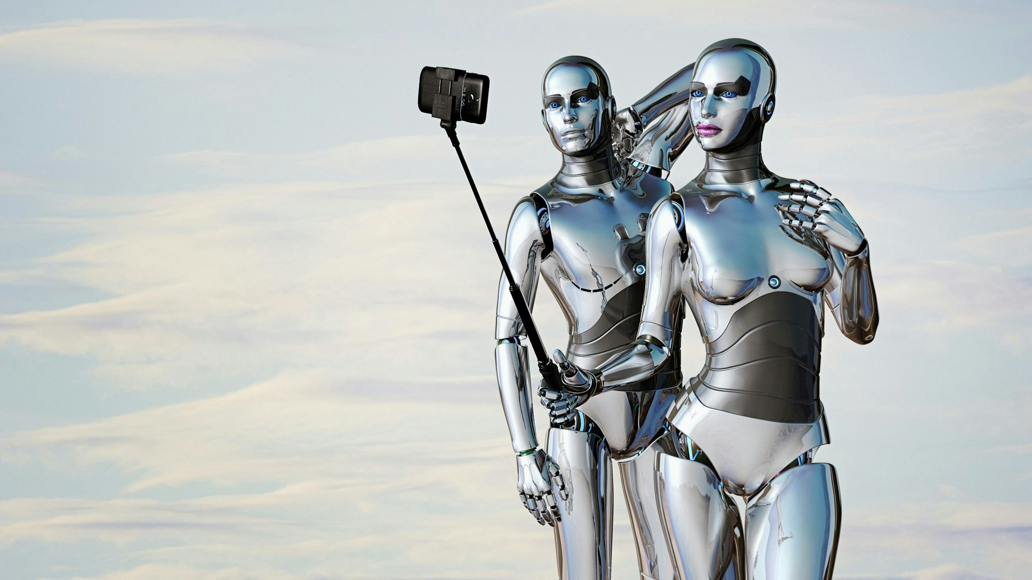 Robot couple posing for cell phone selfie