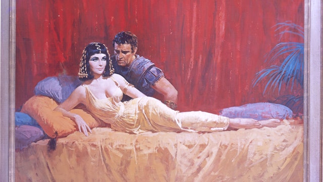 UNITED STATES - CIRCA 1963: Painted illustration showing Richard Burton as Marc Anthony leaning into a reclining Elizabeth Taylor as Cleopatra, 1963. (Photo by