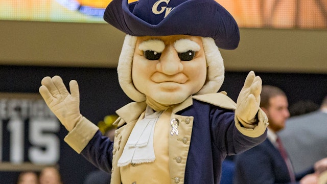 WASHINGTON, DC - FEBRUARY 17: George Washington mascot during an Atlantic 10 men's basketball game between the George Washington Colonials and the VCU Rams on February 17, 2018, at the Charles E. Smith Center, in Washington, D.C. G.W.defeated VCU 80-56.