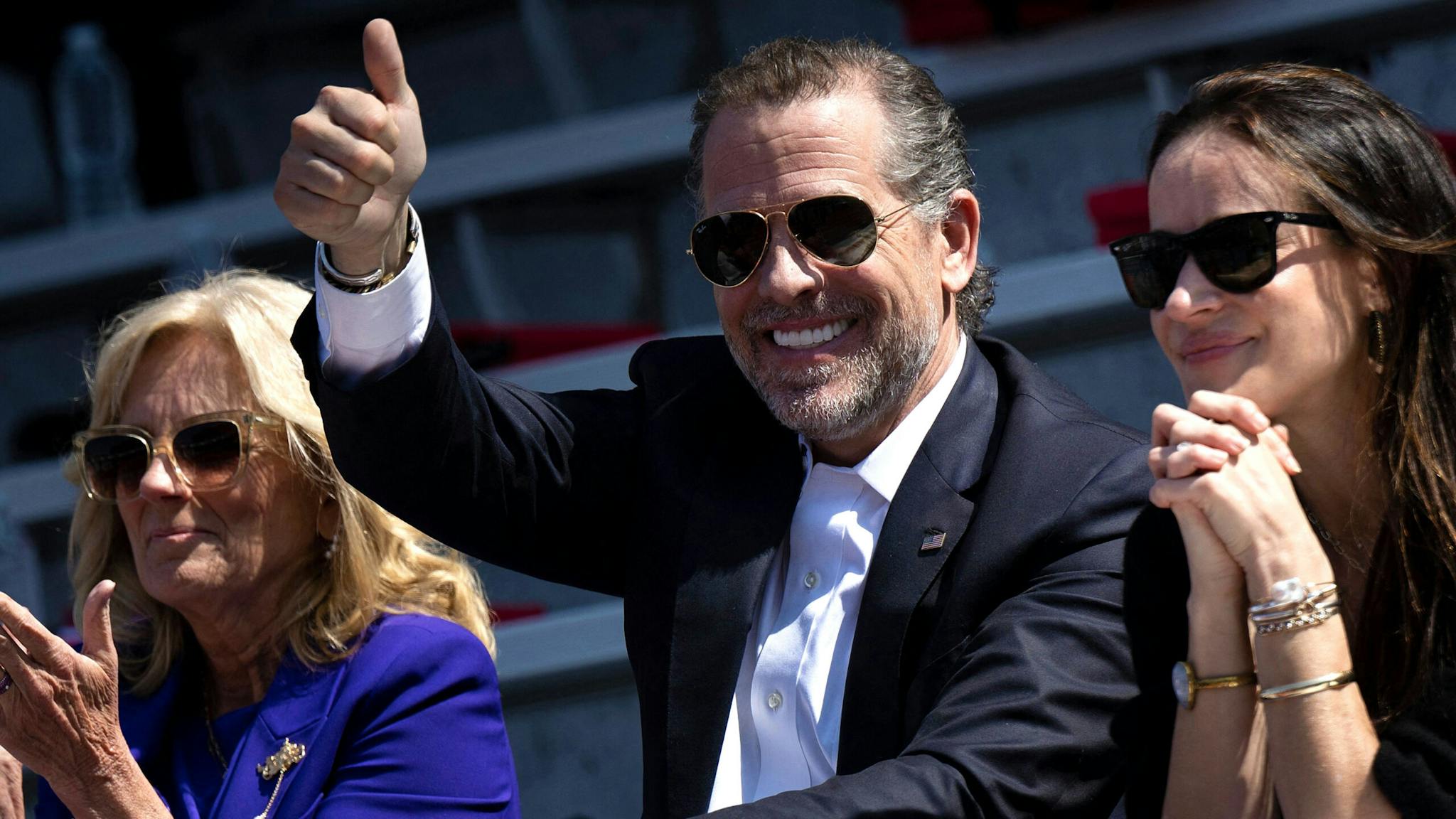 US-POLITICS-BIDEN US First Lady Jill Biden with Hunter Biden and Ashley Biden, attends her granddaughter Maisy Biden's graduation from the University of Pennsylvania at Franklin Field on May 15, 2023 in Philadelphia, Pennsylvania.