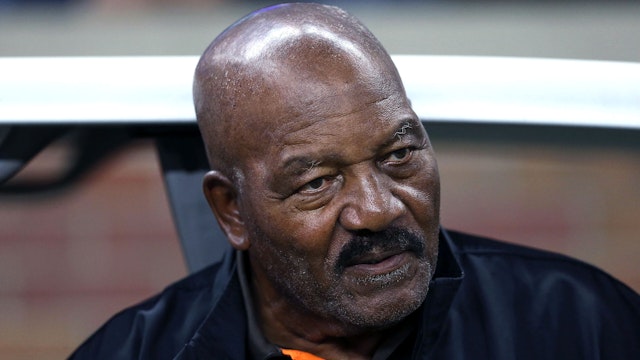 DETROIT, MI - AUGUST 09: Former Cleveland Browns running back and National Football League Hall of Famer Jim Brown watches the action from the sidelines prior to the start of the preseason game against the Detroit Lions at Ford Field on August 9, 2014 in Detroit, Michigan. The Lions defeated the Browns 13-12 in a preseason game.