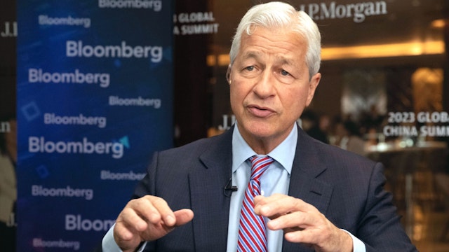 Jamie Dimon, chairman and chief executive officer of JPMorgan Chase &amp; Co., during a Bloomberg Television interview on the sidelines of the JPMorgan Global China Summit in Shanghai, China, on Wednesday, May 31, 2023. Dimon said JPMorgan Chase &amp; Co. will be in China in both good and bad times, remaining committed to doing business in the Communist Party-ruled nation as political tensions grow.
