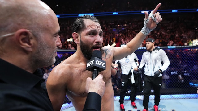 MIAMI, FLORIDA - APRIL 08: Jorge Masvidal reacts after his decision loss to Gilbert Burns of Brazil in a welterweight fight during the UFC 287 event at Kaseya Center on April 08, 2023 in Miami, Florida.