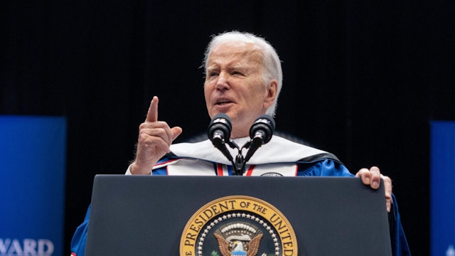US President Joe Biden speaks during the Howard University commencement convocation in Washington, DC, US, on Saturday, May 13, 2023. Biden cast American democracy as under attack, echoing themes from both his 2020 campaign and his nascent reelection bid in a speech at Howard University's commencement ceremony.
