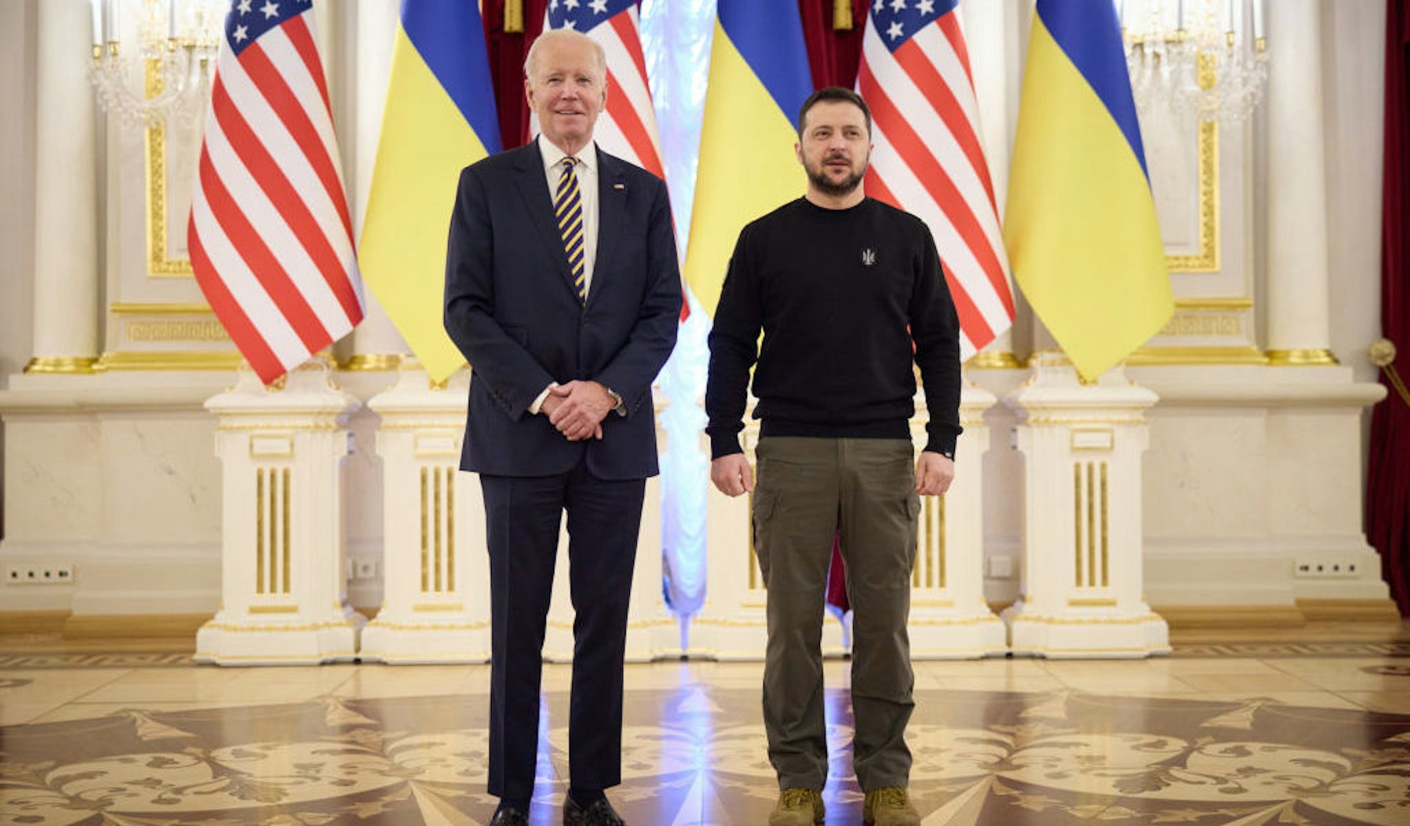KYIV, UKRAINE - FEBRUARY 20: In this handout photo issued by the Ukrainian Presidential Press Office, U.S. President Joe Biden meets with Ukrainian President Volodymyr Zelensky at the Ukrainian presidential palace on February 20, 2023 in Kyiv, Ukraine. The US President made his first visit to Kyiv since Russia's large-scale invasion last February 24. (Photo by Ukrainian Presidential Press Office via Getty Images)