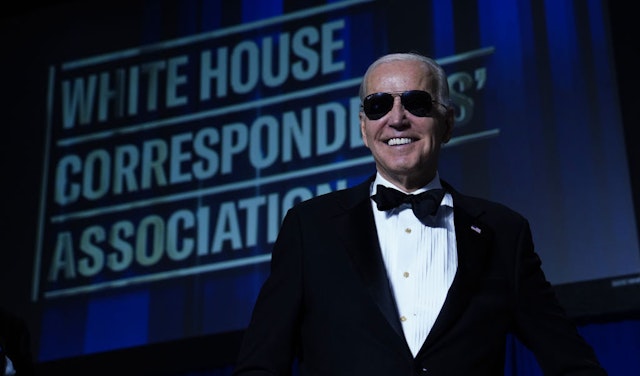 US President Joe Biden speaks during the White House Correspondents' Association (WHCA) dinner in Washington, DC, US, on Saturday, April 29, 2023. The annual dinner raises money for WHCA scholarships and honors the recipients of the organization's journalism awards. Photographer: Nathan Howard/Bloomberg