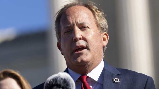 WASHINGTON, DC - NOVEMBER 01: Texas Attorney General Ken Paxton speaks outside the U.S. Supreme Court on November 01, 2021 in Washington, DC. On Monday, the Supreme Court heard arguments in a challenge to the controversial Texas abortion law which bans abortions after 6 weeks.